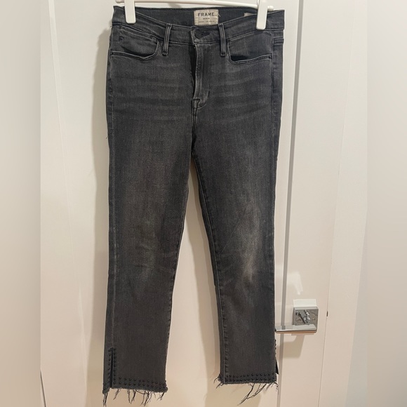 Frame Denim Le High Straight Cropped Jeans Sz 28 Charcoal Studded Frayed Hem - Picture 1 of 5